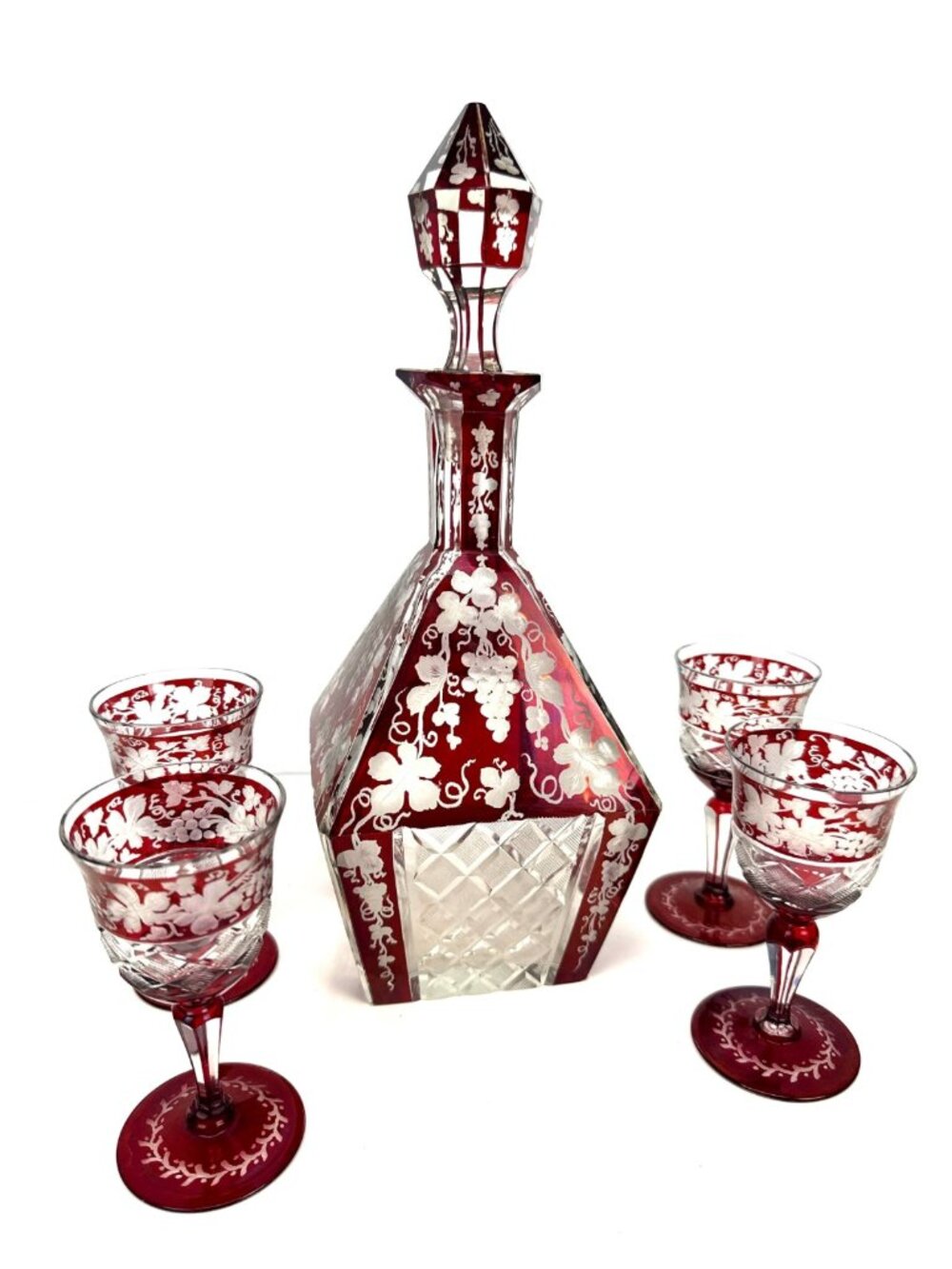 ANTIQUE Bohemian Ruby-Stained Cut-to-Clear Crystal Decanter + Four Glasses Set